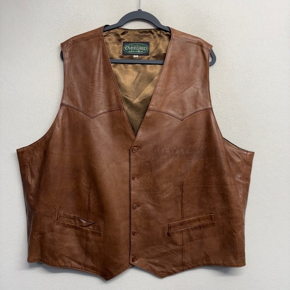 OVERLAND Leather Brown Men's Button Up Suit Vest 56 Western Cowboy - Picture 1 of 6